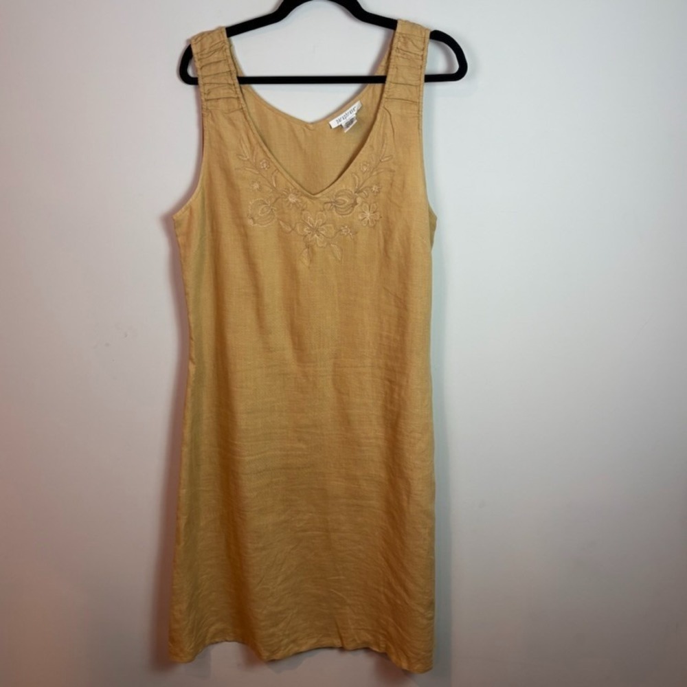 Paraphrase Womens Tan Floral Embroidered 100% Linen Overall Midi Dress 12 90's